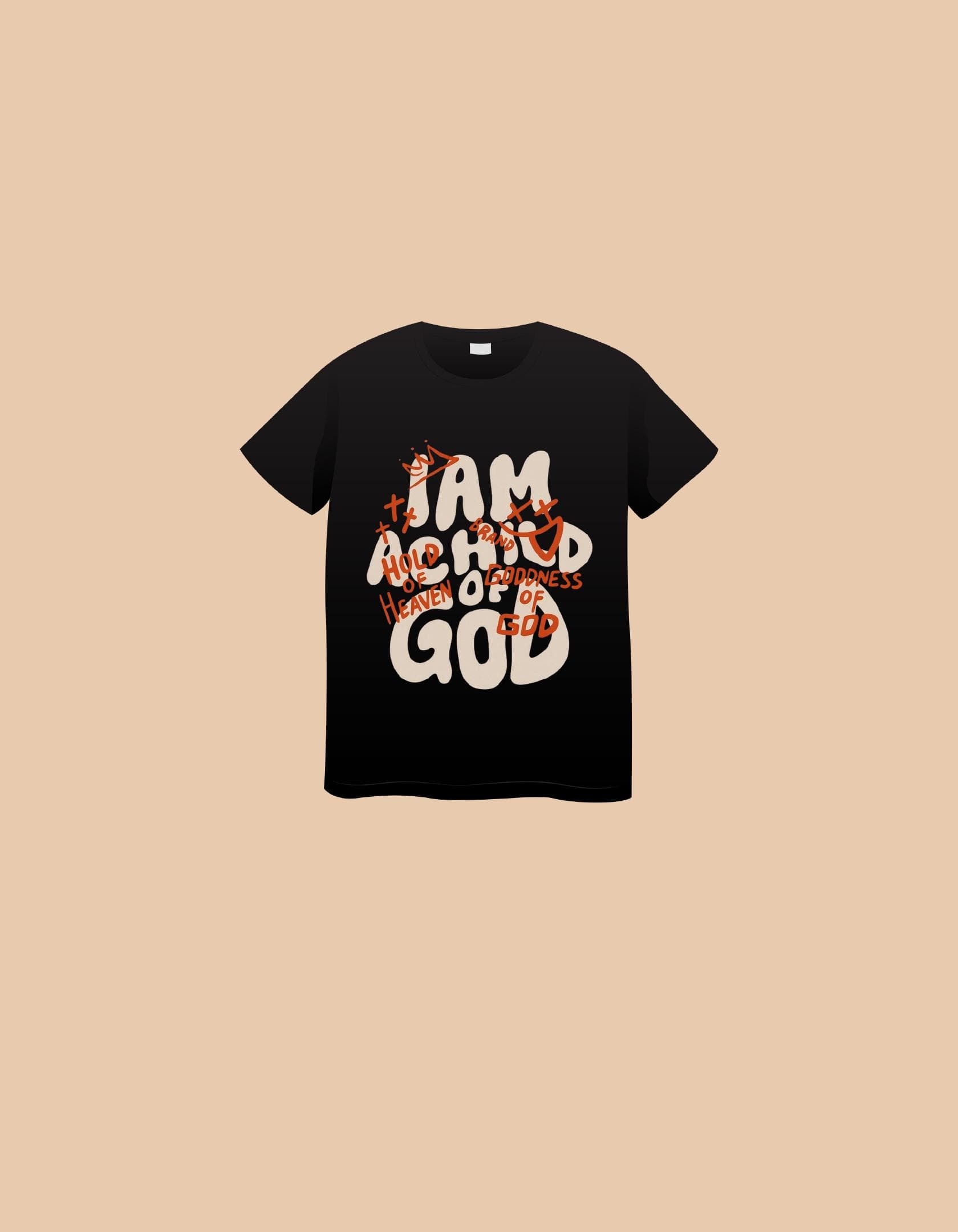 Black T-shirt with Child of God hand-lettered artwork