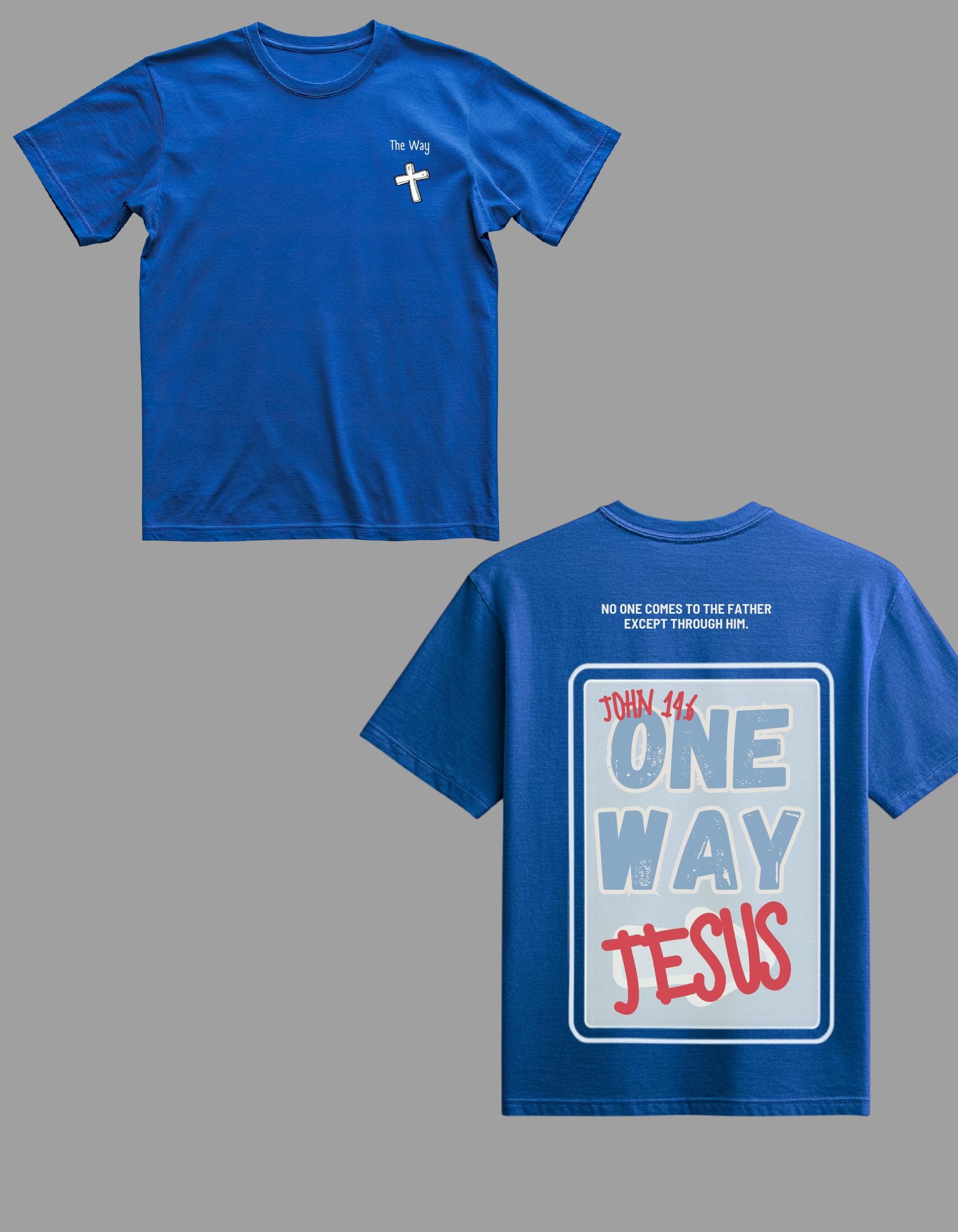 Blue T-shirt with One Way Jesus artwork on the back